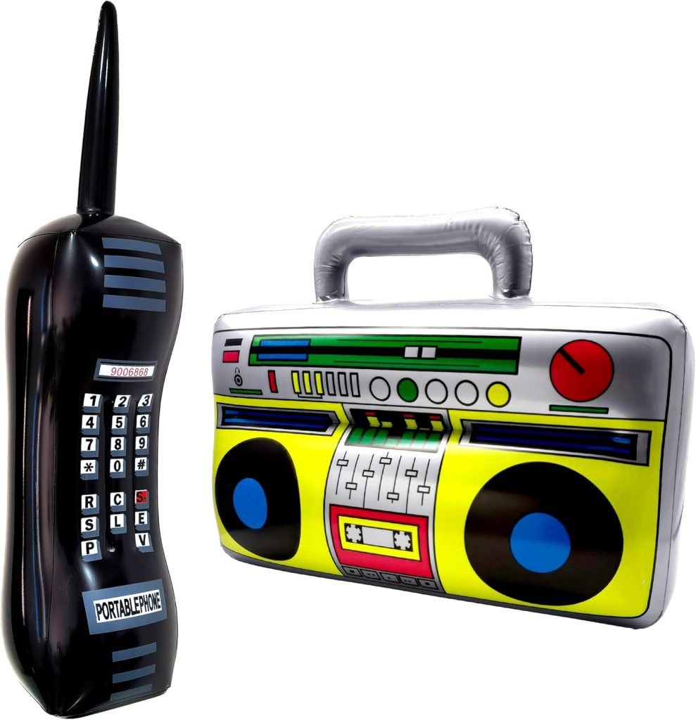 2 Packs Inflatable Cellphone and Boom Box 80’s Retro 90’s Throwback Mobile Phone and Radio Boombox for Booth Photo Props