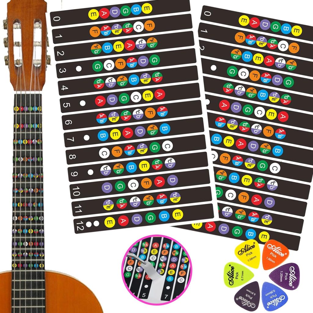 2 PCs Self Adhesive Guitar Fretboard Stickers  6 Picks - Color Coded Note Decals Fingerboard Frets - Best Guitar learning Tools for Beginner Learner