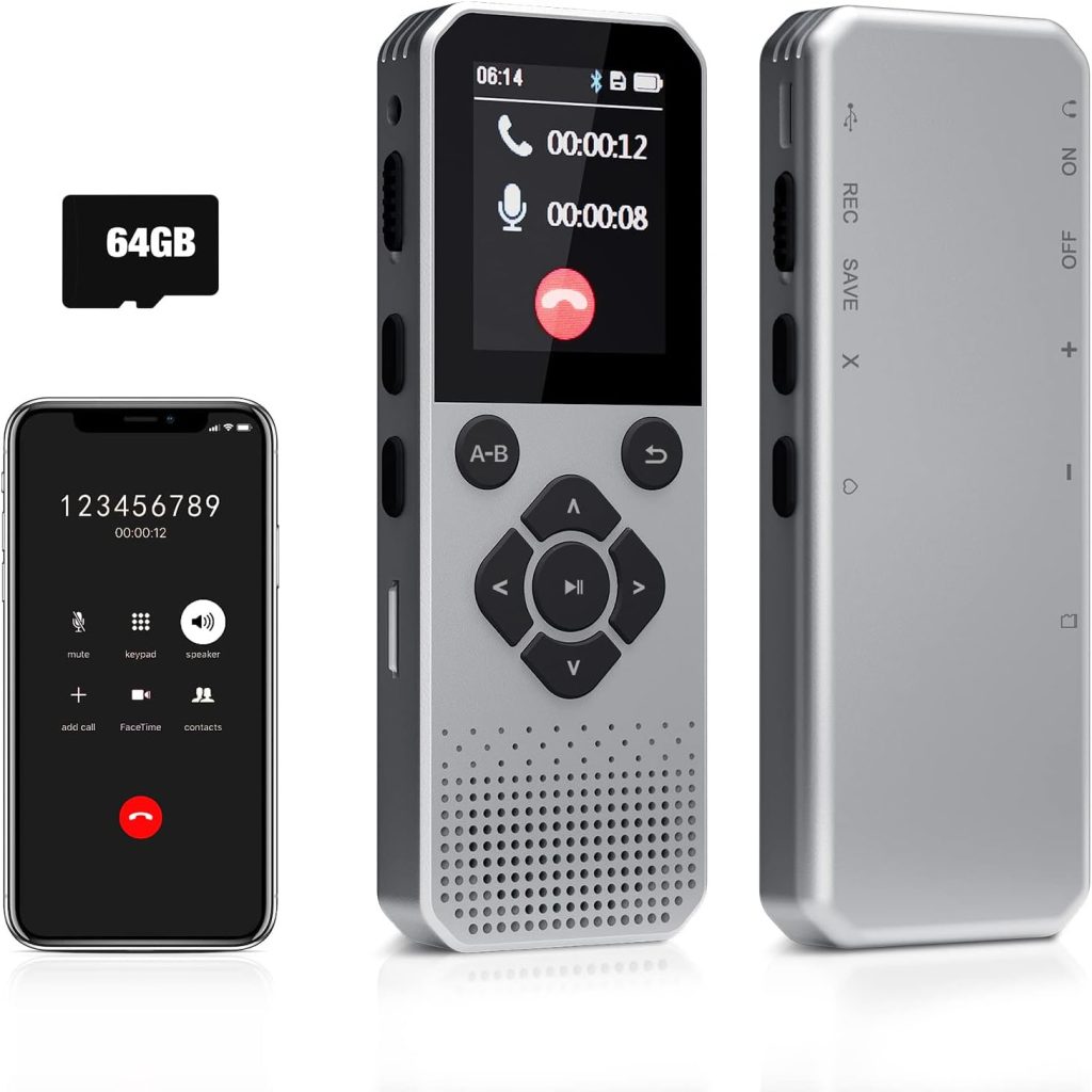 64GB Voice Recorder, Digital Voice Recorder with Bluetooth, Tape Recorder Up to 3072kbps Bit Rate, Voice Activated Recorder with Playback, Audio Recorder for Interview Meetings Lecture