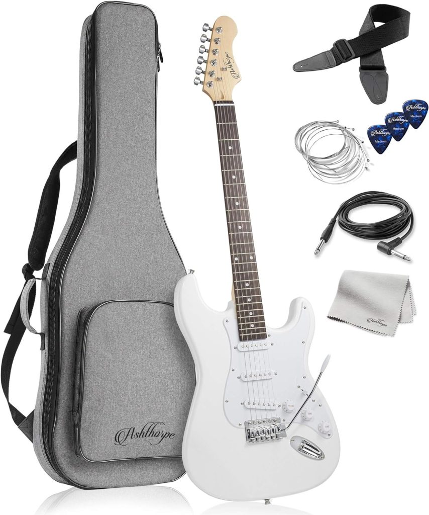Ashthorpe 39-Inch Electric Guitar (White-White), Full-Size Guitar Kit with Padded Gig Bag, Tremolo Bar, Strap, Strings, Cable, Cloth, Picks