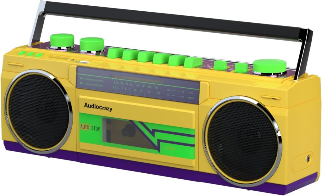 Audiocrazy Cassette Boombox Player Recorder AM FM Radio Dual Stereo Speakers AC or Battery Operated and AUX in USB SD Port