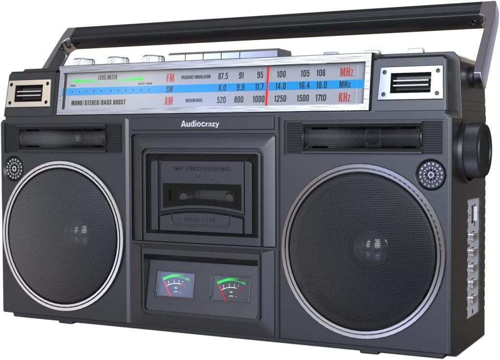 Audiocrazy Retro Boombox Cassette Player AM/FM Shortwave Radio, Portable Cassette Tape Player Recorder, Wireless Streaming, USB/Micro SD Slots Guitar/Aux in, Convert Cassettes to USB Classic 80s Style
