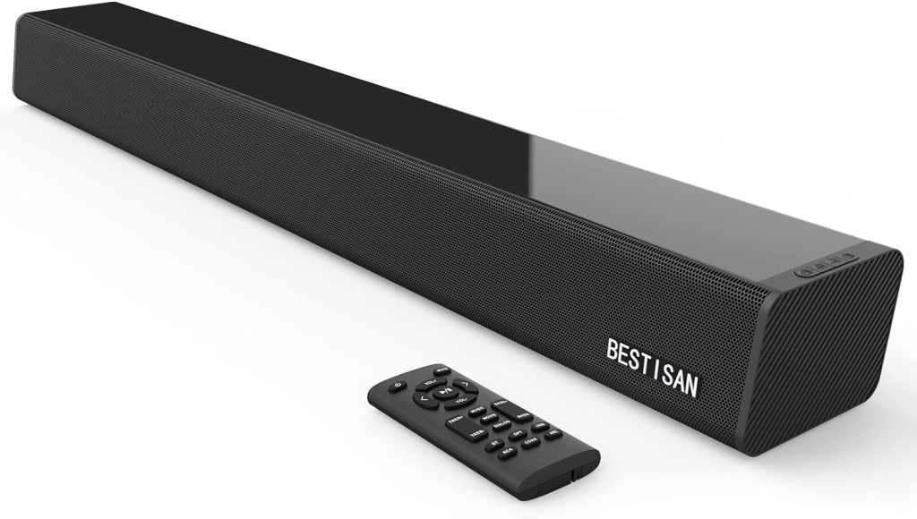 Bestisan Soundbar 28-Inch 80W with HDMI-ARC, Bluetooth 5.0, Optical Coaxial USB AUX Connection, 4 Speakers, 3 EQs, 110dB Surround Sound Bar Home Theater Audio Soundbar System for TV