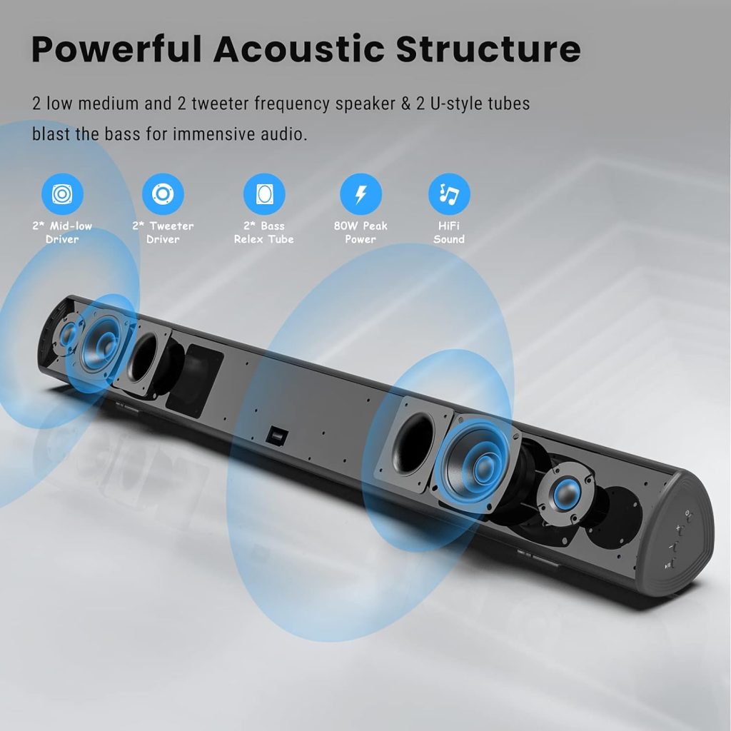 BESTISAN Soundbar, TV Sound bar with Bluetooth 5.0, Optical AUX HDMI Connection, 28 Inch,3 EQs, 110dB Surround Sound Bar Home Theater Audio Soundbar System for TV