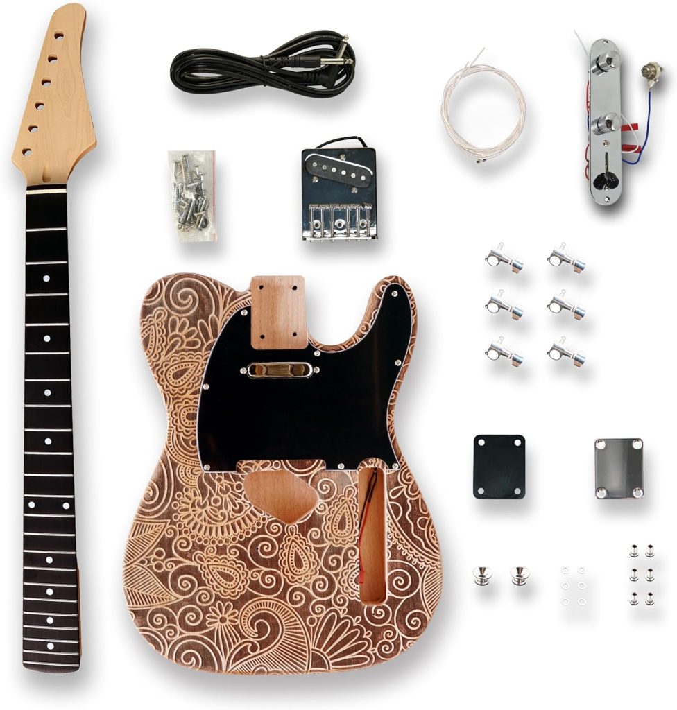 BexGears DIY Electric Guitar Kits for TL style engraved surface natural color Okoume wood Body maple neck  composite ebony fingerboard