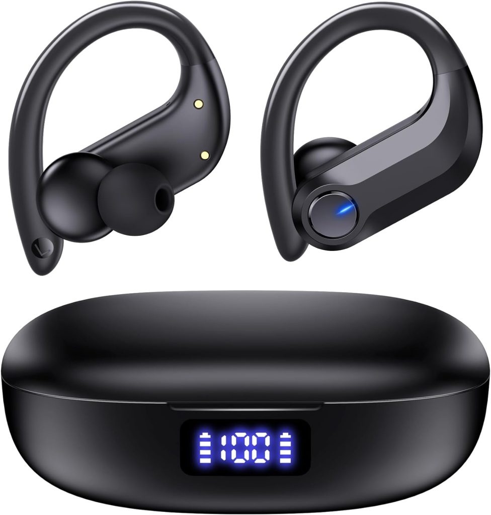 Bluetooth Headphones Wireless Earbuds 120H Playtime Ear Buds IPX7 Waterproof Sports Earphones 2600mAh Wireless Charging Case Headset with Over-Ear Earhooks LED Power Display Mics for Workout CAP0X0
