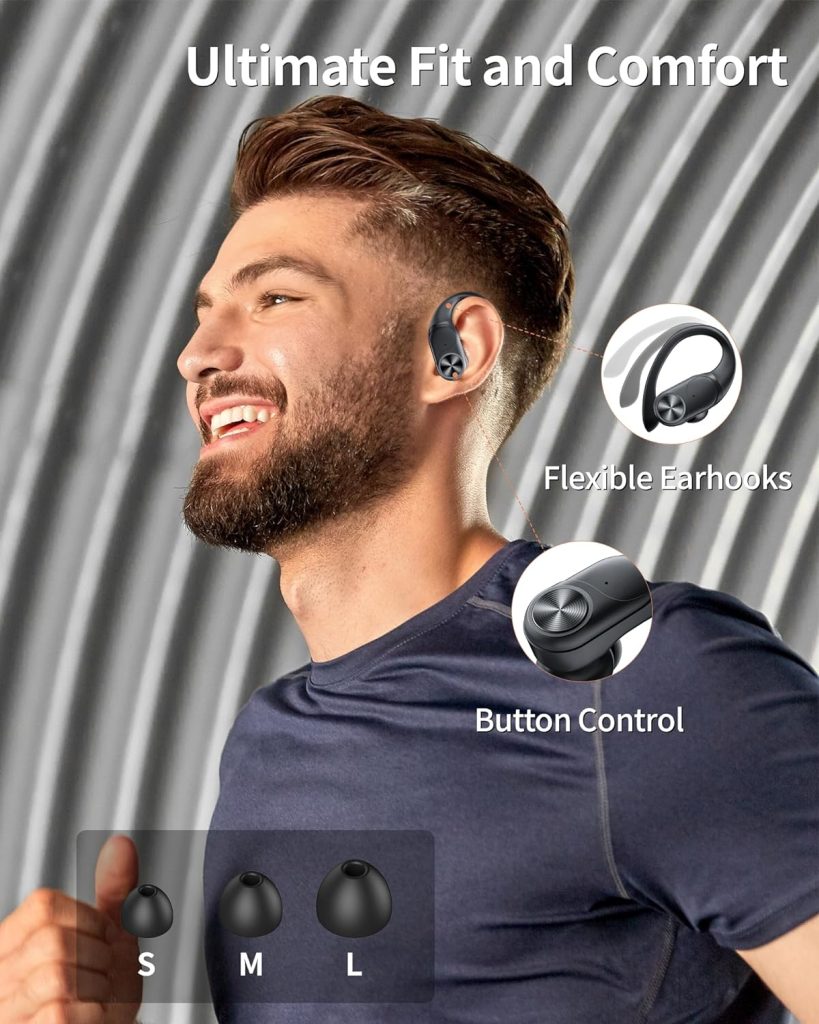 Bluetooth Headphones Wireless Earbuds 80hrs Playtime Charging Case Digital Display Sports Ear buds with Earhook Premium Deep Bass IPX7 Waterproof Over-Ear Earphones for TV Phone Laptop Black