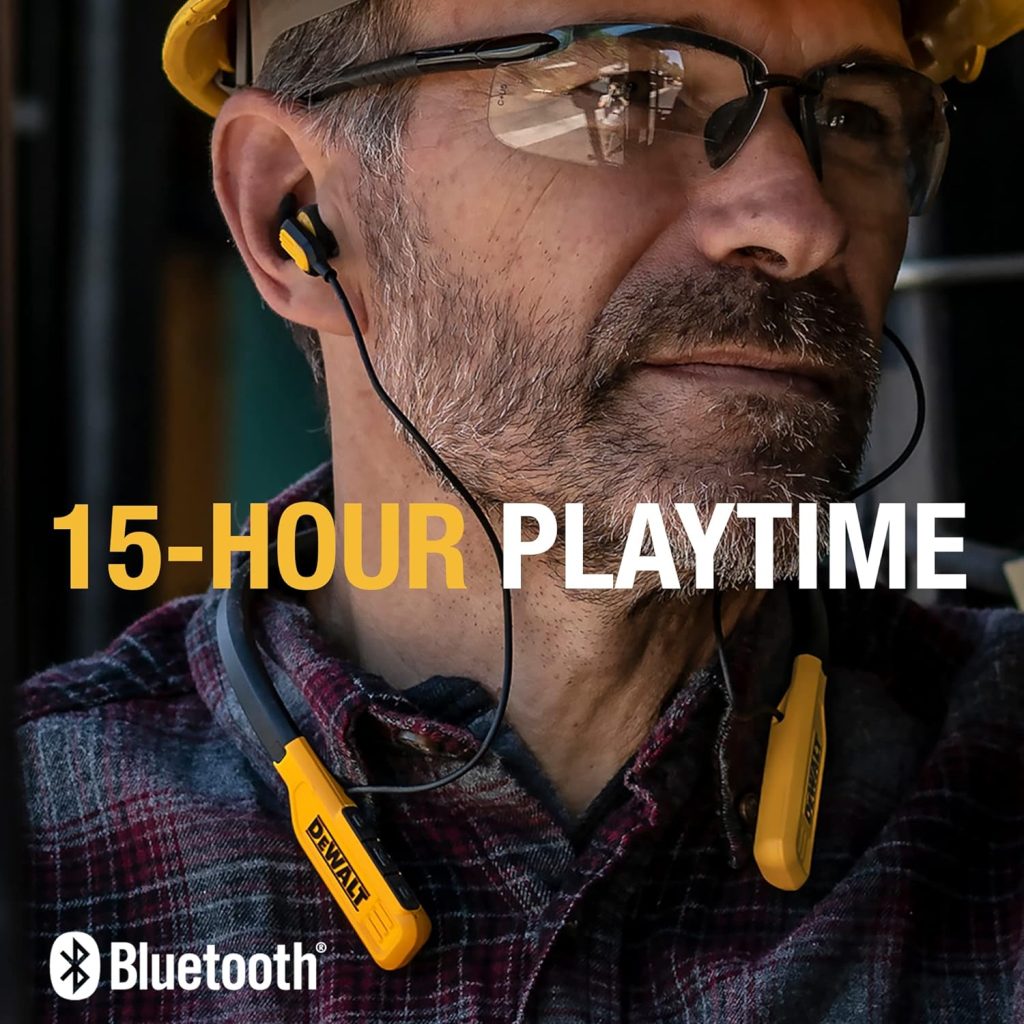 DEWALT Wireless Bluetooth Neckband Headphones — Neckband Earphones with 15H Playtime — Noise-Isolating Wireless Earbuds — Jobsite Pro Built-in Mic for Crystal-Clear Calls