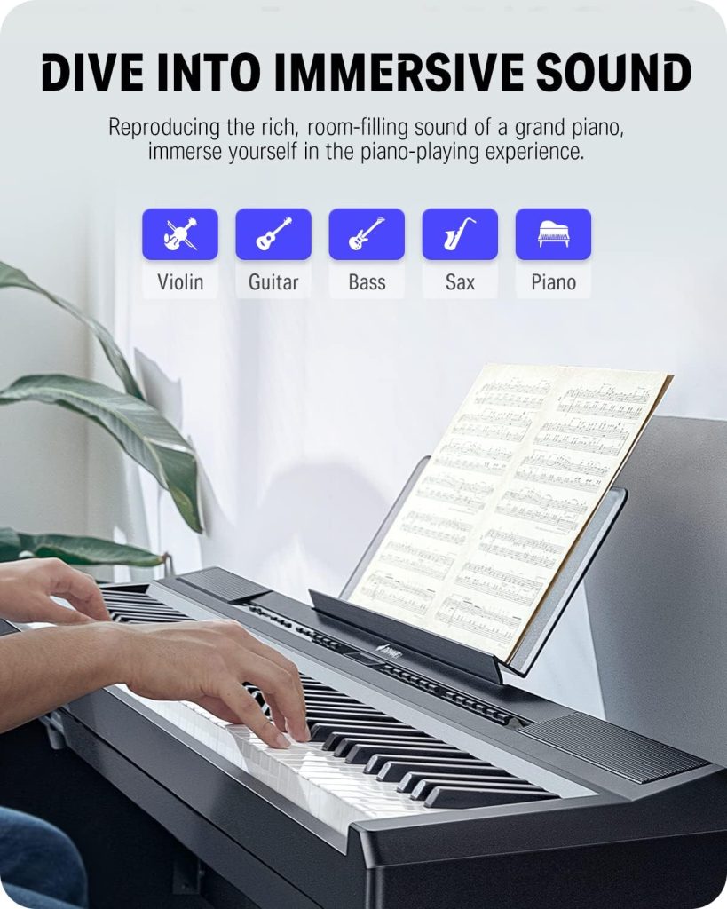 RockJam 88 Key Digital Piano Keyboard with Full Size Semi-Weighted Keys,  Power Supply, Sheet Music Stand, and Piano Note Stickers