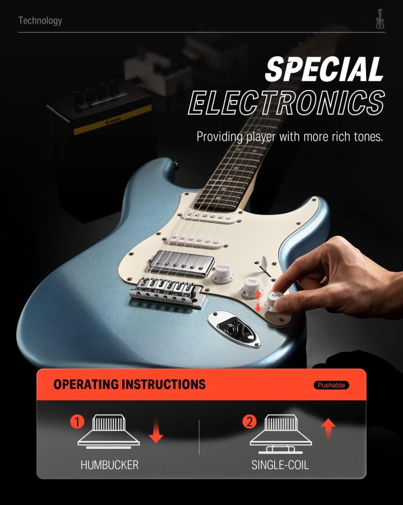 Donner DST-152R Electric Guitar, 39 Beginner Electric Guitar Kit, HSS Pickup with Coil Split, Guitar Starter Set with Amp, Bag, All Accessories, Metallic Ice Blue
