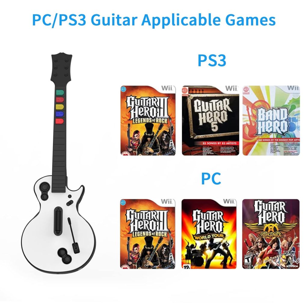 DOYO Guitar Hero Guitar for PlayStation 3 and PC, Wireless White Guitar Controller with Strap for Clone Hero, Rock Band and Guitar Hero Games (5 Buttons)