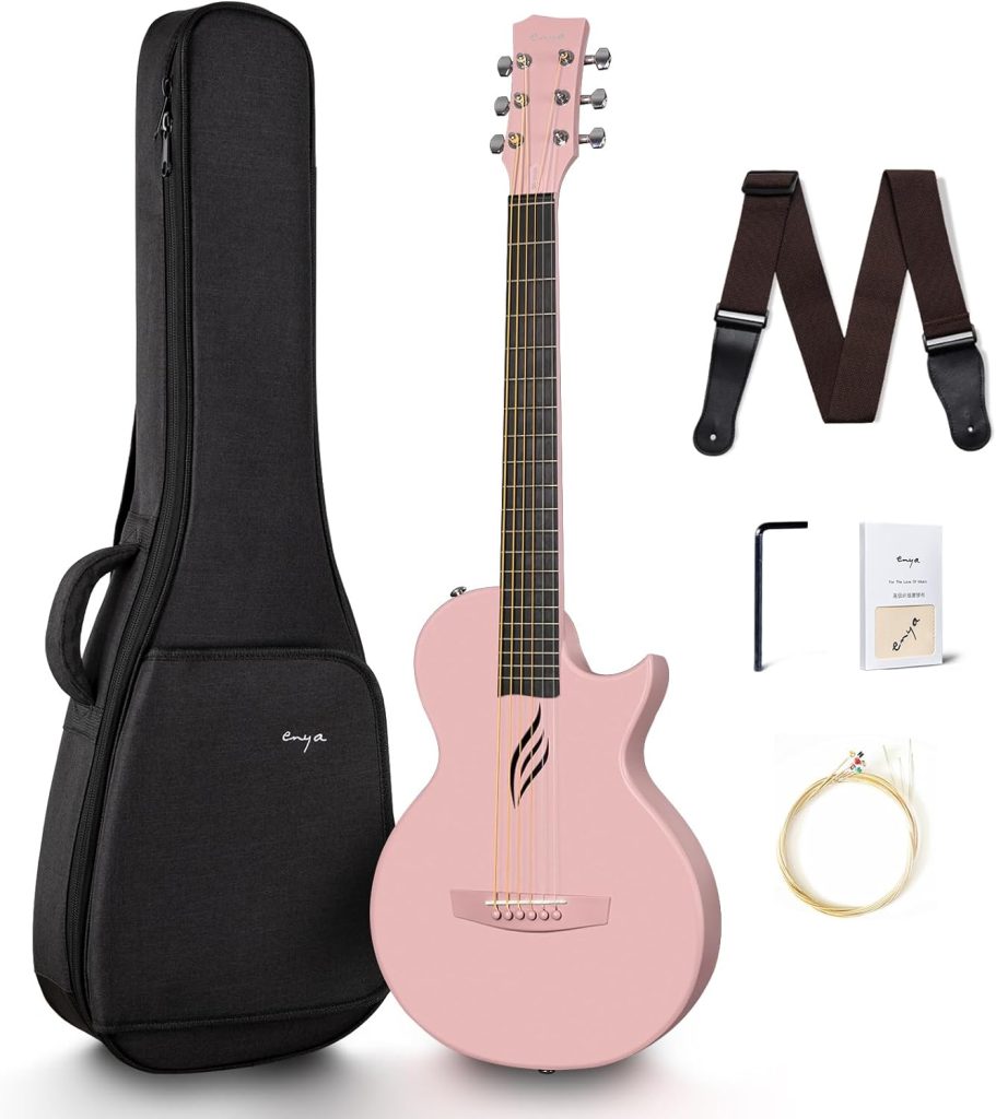 Enya Nova Go Carbon Fiber Acoustic Guitar 1/2 Size Beginner Adult Travel Acustica Guitarra w/Starter Bundle Kit of Colorful Gift Packaging, Acoustic Guitar Strap, Gig Bag, Cleaning Cloth(Pink)