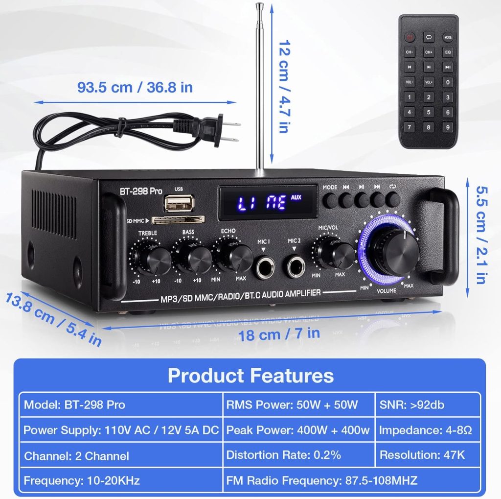 Facmogu 298A Max 300Wx2 Wireless Bluetooth 5.0 Stereo Audio Amplifier, RMS 40Wx2 Power Amp 2 Channel Stereo Receiver for Home Theater Speakers, Bass  Treble Control, USB/SD/RCA/MIC/FM in, Remote
