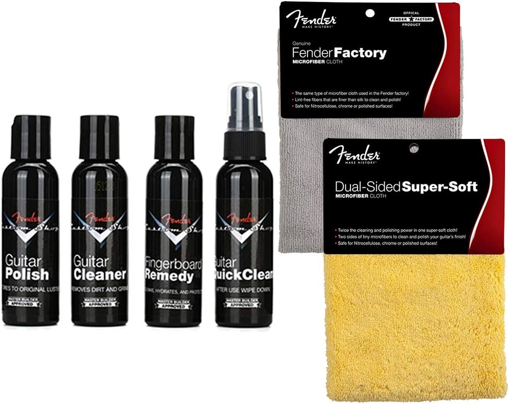 Fender Guitar Super Care Kit Bundle with Custom Shop Deluxe Guitar Care System 4 Pack, Super-Soft Dual-Sided Microfiber Cloth, and Fender Factory Microfiber Cloth