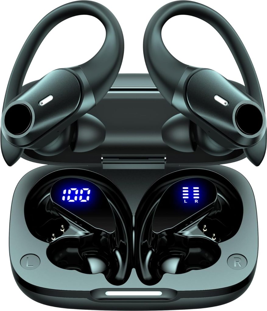 GOLREX Ear Buds Bluetooth Headphones Wireless Earbuds 36Hrs Playback Wireless Charging Case Digital Display Over-Ear Earphones with Earhook Waterproof Headset with Mic for Sport Running Workout Black