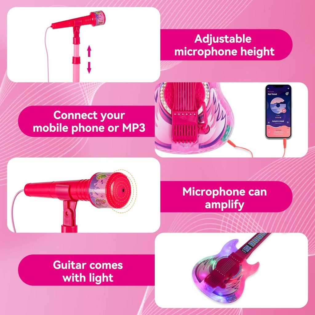 Guitar and Microphone Play Set for Boys,Karaoke Machine with MusicLight,Microphone Toys with Stand,Adjustable Height Guitar Toys for Kids,Toddlers,Child(Blue)
