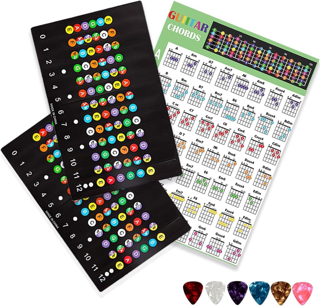Guitar Fretboard Stickers, With Guitar Chord Chart,Color Coded Note Decals Guitar for Beginner Learner Practice Fit 6 Strings Acoustic Guitar (2*Stickers+1*Chords Map+6*Picks)