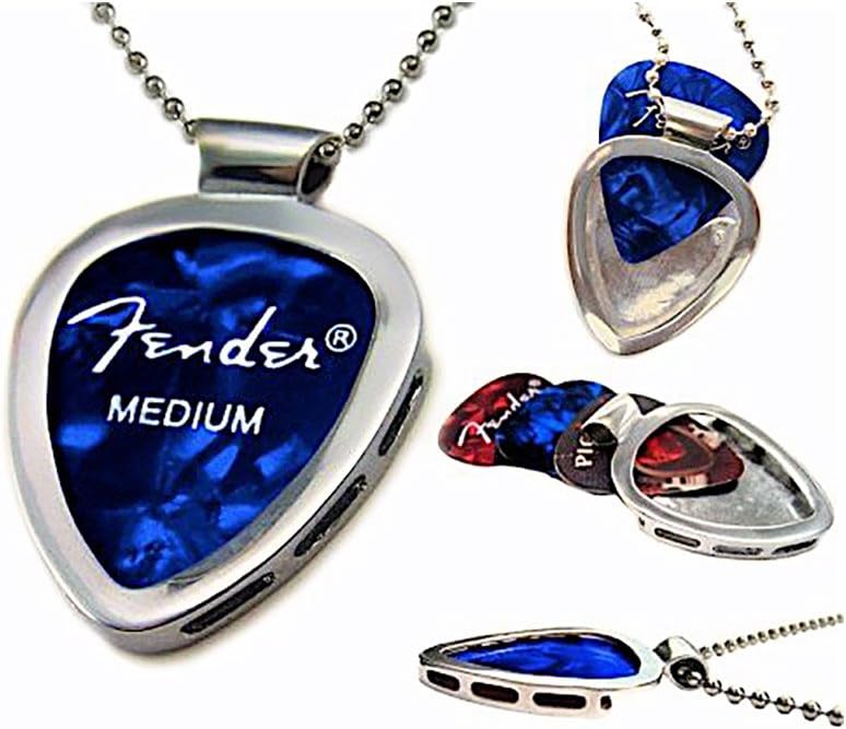 Guitar Pick Holder Pendant Necklace (CHROME Stainless Steel)  FENDER Guitar Pick Set By PICKBAY (Authentic  Original)