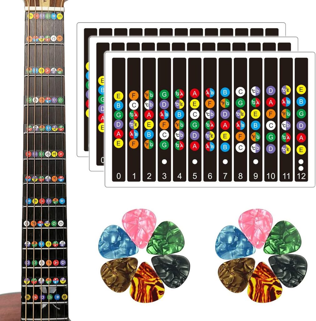Guitar Stickers, 3 Pcs Guitar Fretboard Stickers for Beginners， Guitar Note Stickers With 12 Pcs Guitar Picks (3 Guitar Stickers)