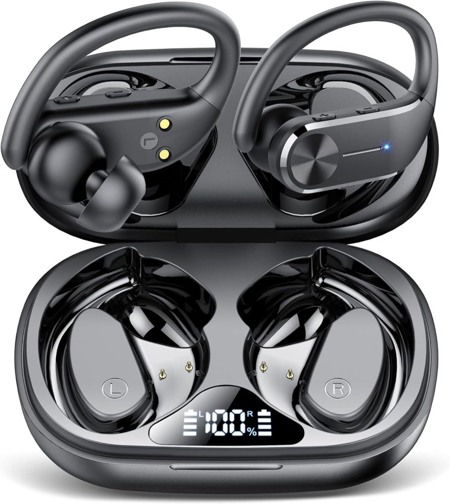 Wireless Earbud, Sport Bluetooth 5.3 Headphones with Earhooks Earphones  in-Ear with Immersive Sound, IP7 Waterproof, Noise Cancelling, Dual LED