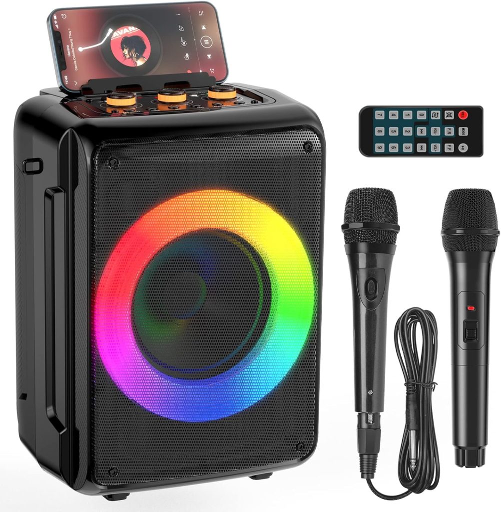 HWWR Karaoke Machine for Adults and Kids, Bluetooth Speaker with 2 Microphones, Portable Party Karaoke Speaker with DJ Lights Support REC, PA System Best Gift for Brithday etc
