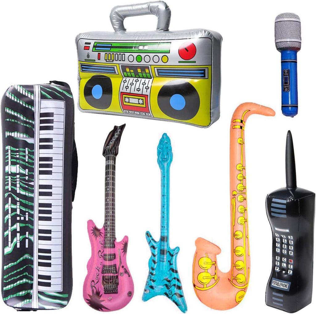 Inflatable Rock Star Toy Set, 7 Pack Inflatable Boom Box Mobile Phone Guitar Bass Party Props for 80s 90s Party Decorations, Rock and Roll Party Favors Supplies, Christmas Birthday Party Gifts.