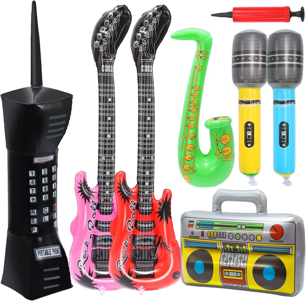 Inflatable Rock Star Toy Set,8 Pack Inflatable Instruments Party Props,Inflatable Guitar Saxophone Boom Box Microphone Mobile Phone for 80s 90s Party Decorations,Rock and Roll Party Favors Supplies