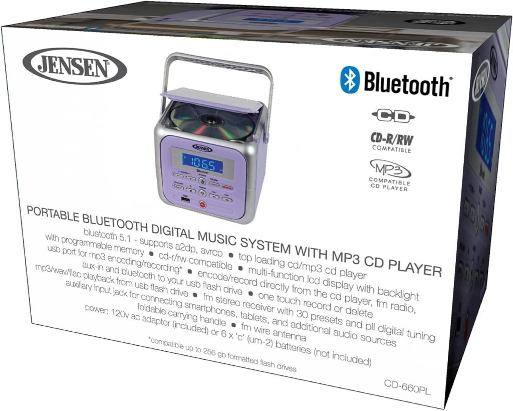 Jensen Stereo CD-660 Retro Cube Portable Bluetooth Boombox Digital Music System with MP3 CD Player (Limited Edition Model) , Lilac Purple