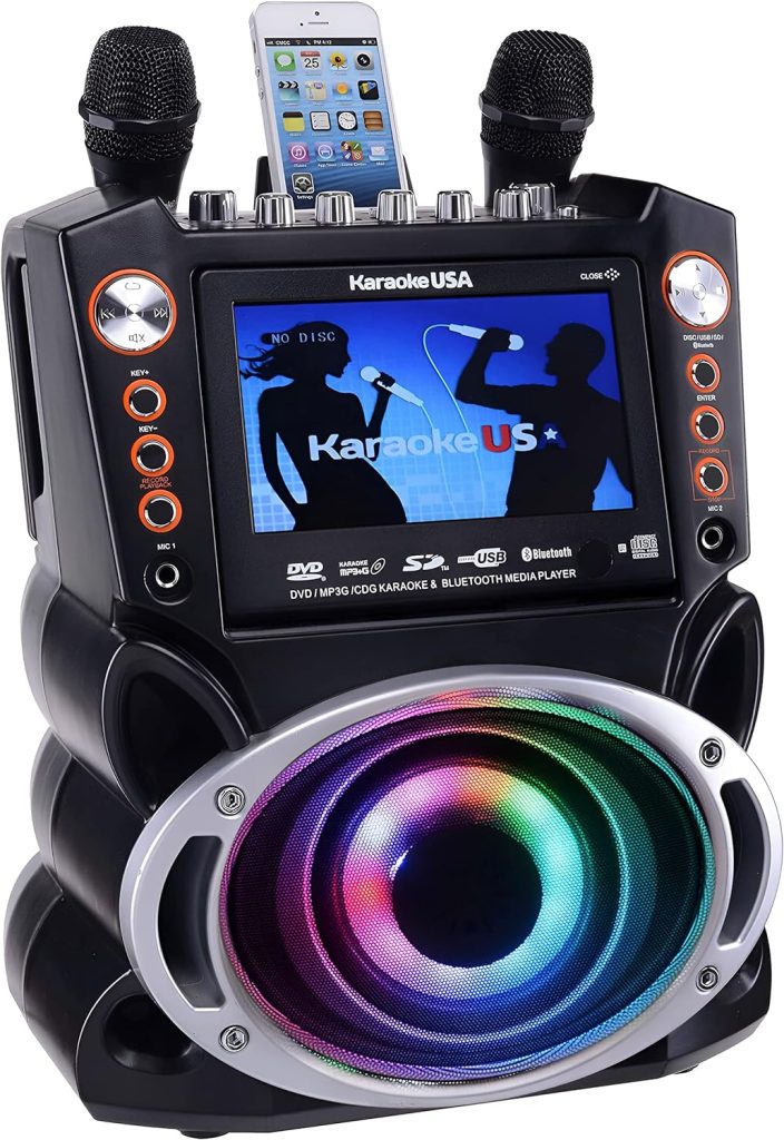 Karaoke USA GF946 GF946 DVD/CD+G/MP3+G Bluetooth 35-Watt Karaoke System with 7-Inch TFT Digital Color Screen, LED Lights, HDMI Output, and 2 Microphones