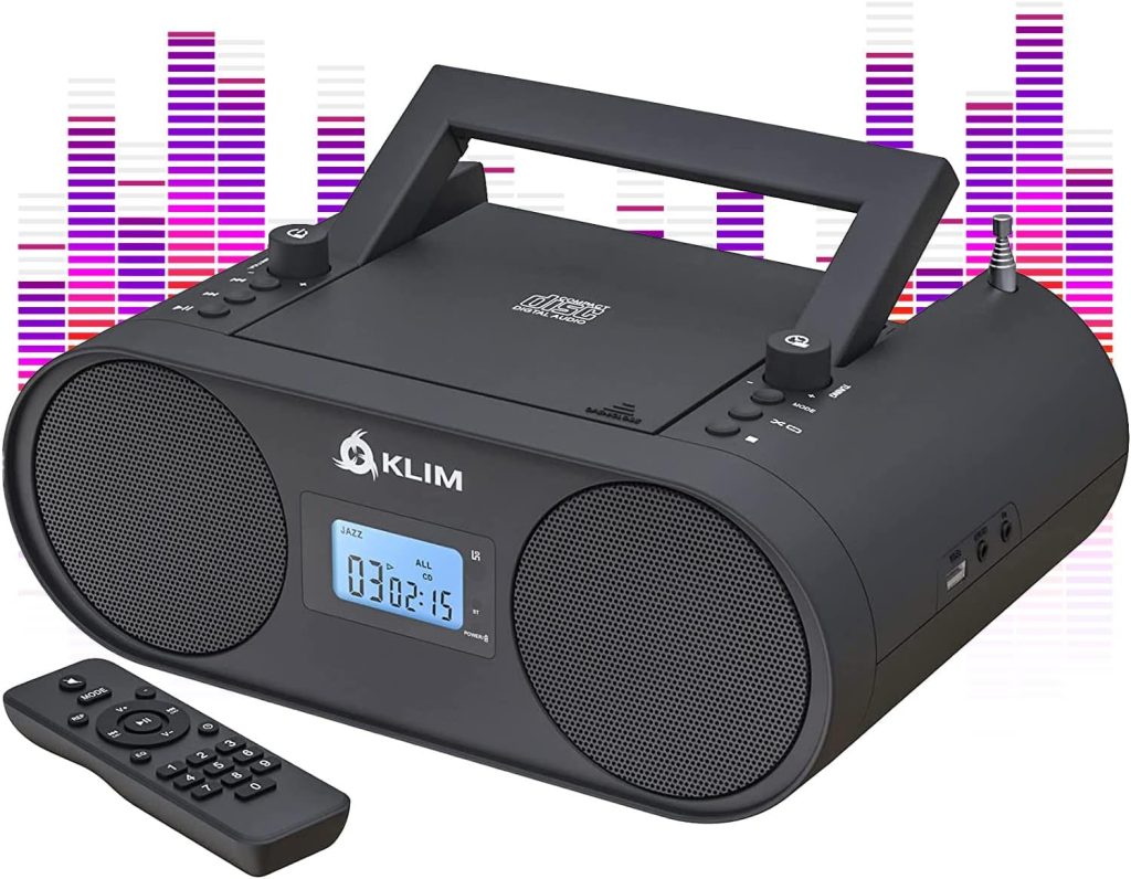 KLIM Boombox B4 CD Player Portable Audio System - New 2023 - AM/FM Radio with CD Player MP3 Bluetooth AUX USB - Wired  Wireless Mode Rechargeable Battery - Remote Control Autosleep Digital EQ