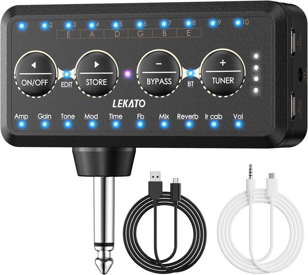 LEKATO Headphone Guitar Amp, Bluetooth Guitar Headphone Amplifier with Amp Models, IR Loading,Tuner,Inlay Multi Effects Delay Reverb Chorus Overdrive, Rechargeable Practice Guitar Amp, USB Recording