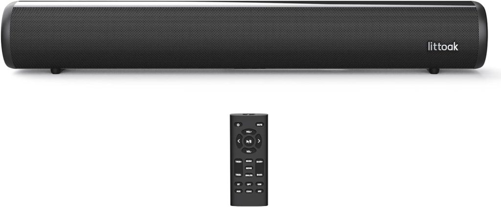 Littoak HDMI Sound Bar for TV, Bluetooth Small TV Soundbar Speaker, Optical/HDMI/Aux/Coax/USB/Bluetooth Connection for TV, PC, Projectors, Includes Remote Control, 16 inch