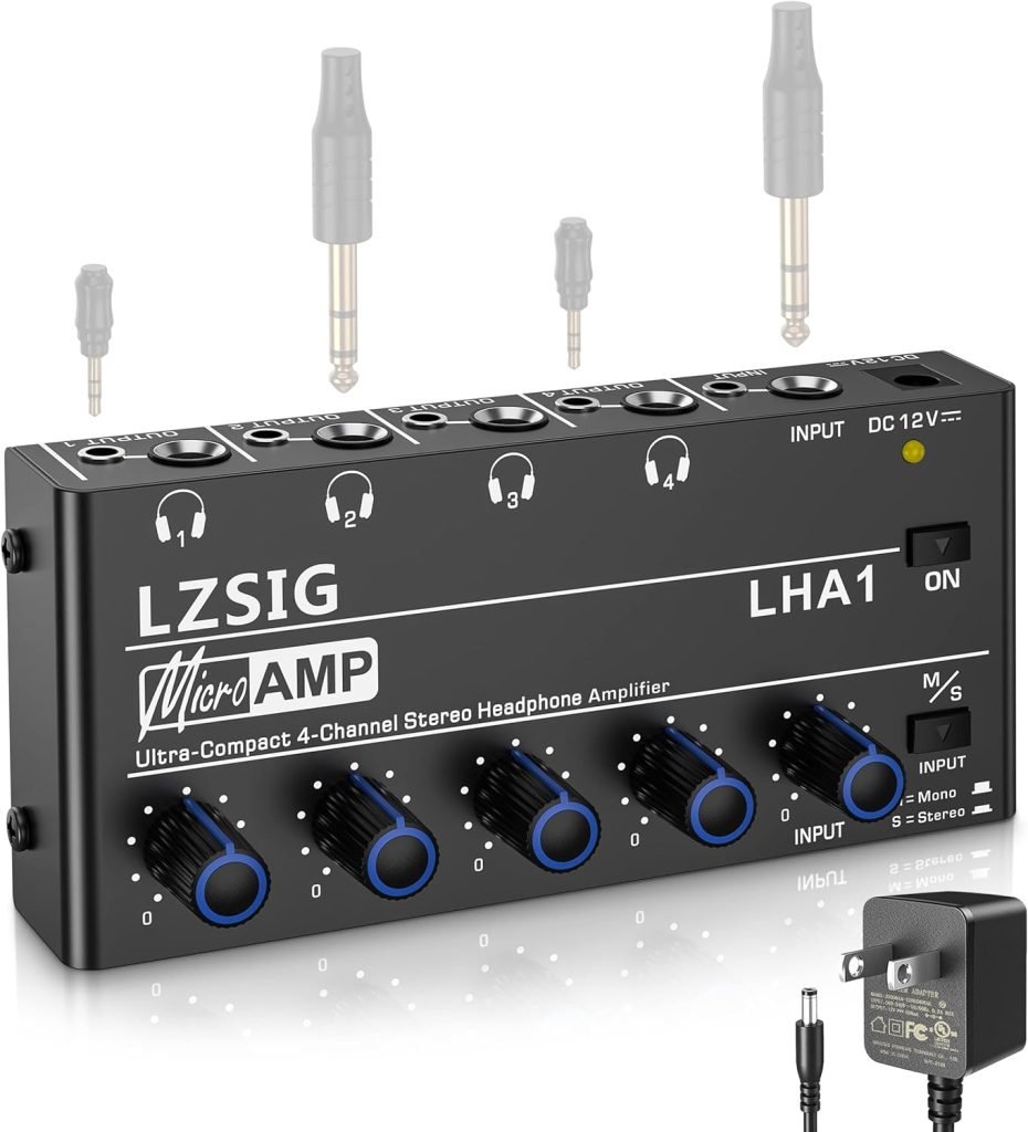 LZSIG Headphone Amplifier 4 Channel Metal Stereo Audio Amplifier,Mini Earphone Splitter with Power Adapter,1/4  1/8 TRS Headphones Output and TRS Audio Input for Sound Mixer,DC 12V-LHA1