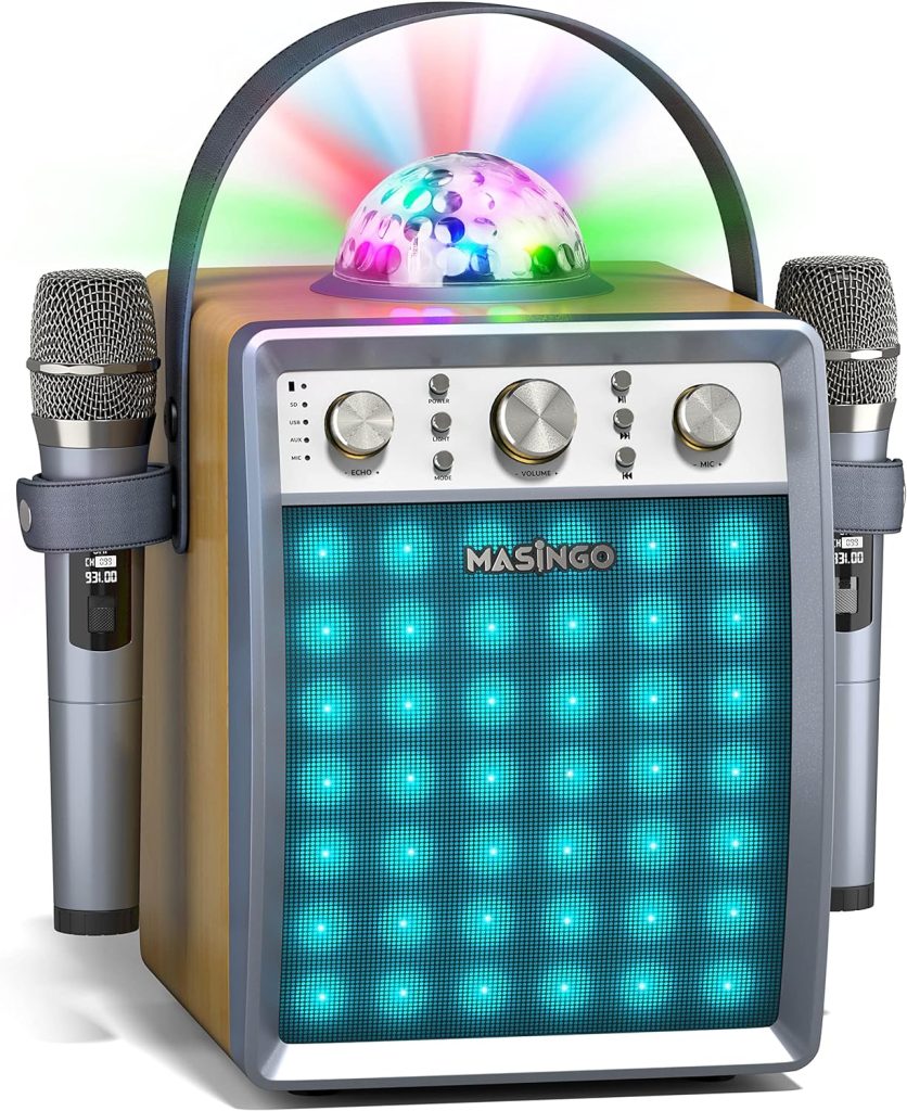 MASINGO Karaoke Machine for Adults and Kids with 2 Wireless Microphones,  Portable Bluetooth Singing Speaker, Colorful LED Lights, PA System, Lyrics  Display Holder & TV Cable - Presto G2 (Pink) 