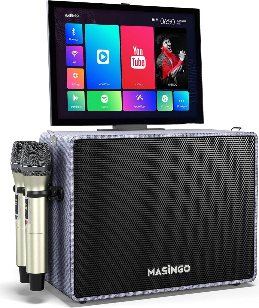 MASINGO 2023 Professional Karaoke Machine with Lyrics Display Screen + 2 Wireless Microphones, Bluetooth Portable PA Speaker System with Built-in 15 Tablet and WiFi for Adults and Kids, Alto X6
