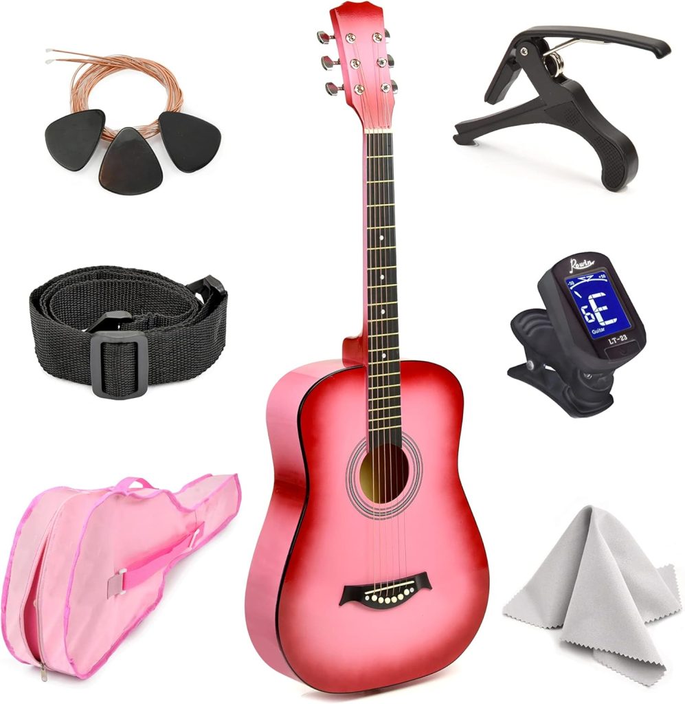 Master-play Beginner Full Size 38” Wood All String Acoustic Guitar, With Bonus Accessories Kit, Case, Strap, Capo, Extra Strings, Picks, Tuner, Wash Cloth, Stand