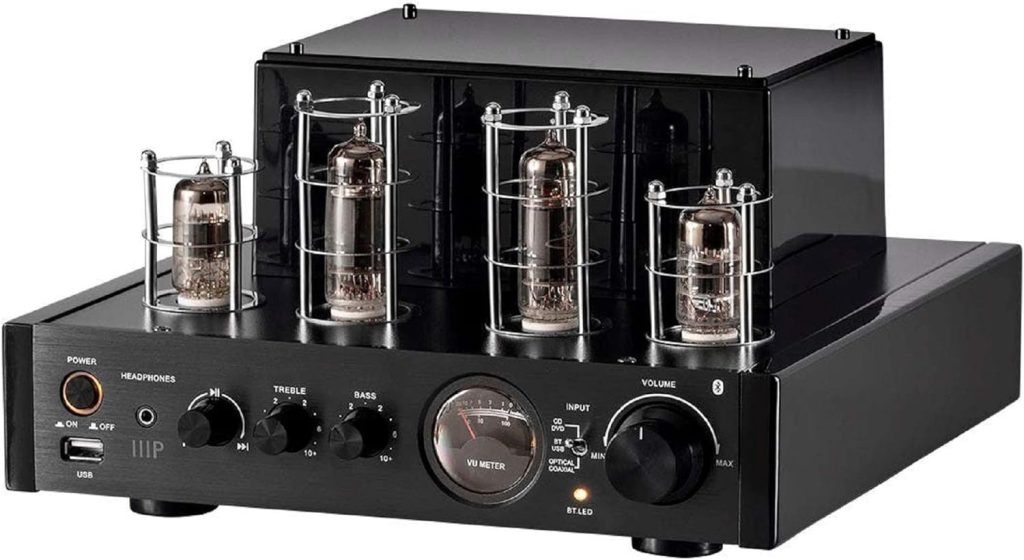 Monoprice Stereo Hybrid Tube Amplifier 2019 Edition, 25 Watt with Bluetooth 2.1 + EDR, Wired RCA, Optical, Coaxial, and USB Connections, and Subwoofer Out