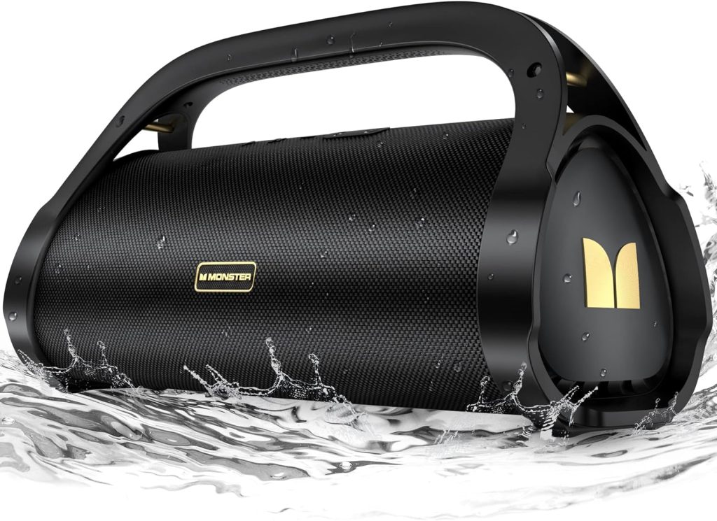 Monster Adventurer Max Portable Bluetooth Speaker, IPX7 Waterproof Wireless Speaker with Double Subwoofer Rich Bass, 60W Stereo Loud Sound Speaker with 24H Playtime for Outdoor Party, Pool Beach, Gold