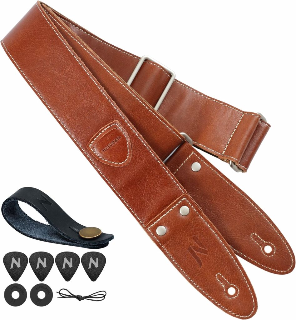 Nefelibata Guitar Strap, 2 Full Grain Leather Guitar Straps with Pick Pocket for Bass, Electric  Acoustic Guitar, Come with Guitar Picks,Strap Button and Strap Locks(Coffee Brown)