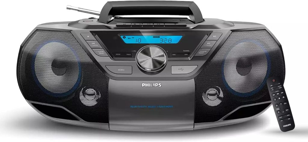 Philips Portable CD Player Bluetooth with Cassette All in one Powerful Stereo Boombox for Home with mega Bass Reflex Speakers, Radio/USB / MP3/ AUX Input with Backlight LCD Display
