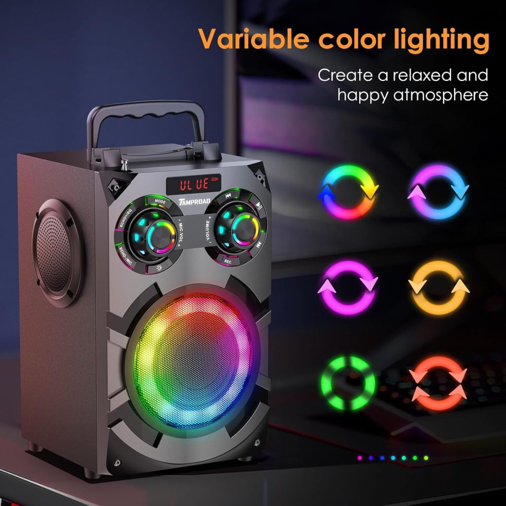 Portable Loud Bluetooth Speakers with Subwoofer, 80W Peak Powerful Large boombox Bluetooth Wireless with Stereo Sound, FM Radio, EQ, Remote, LED Lights, for Home Outdoor Party Holiday Birthday Gifts
