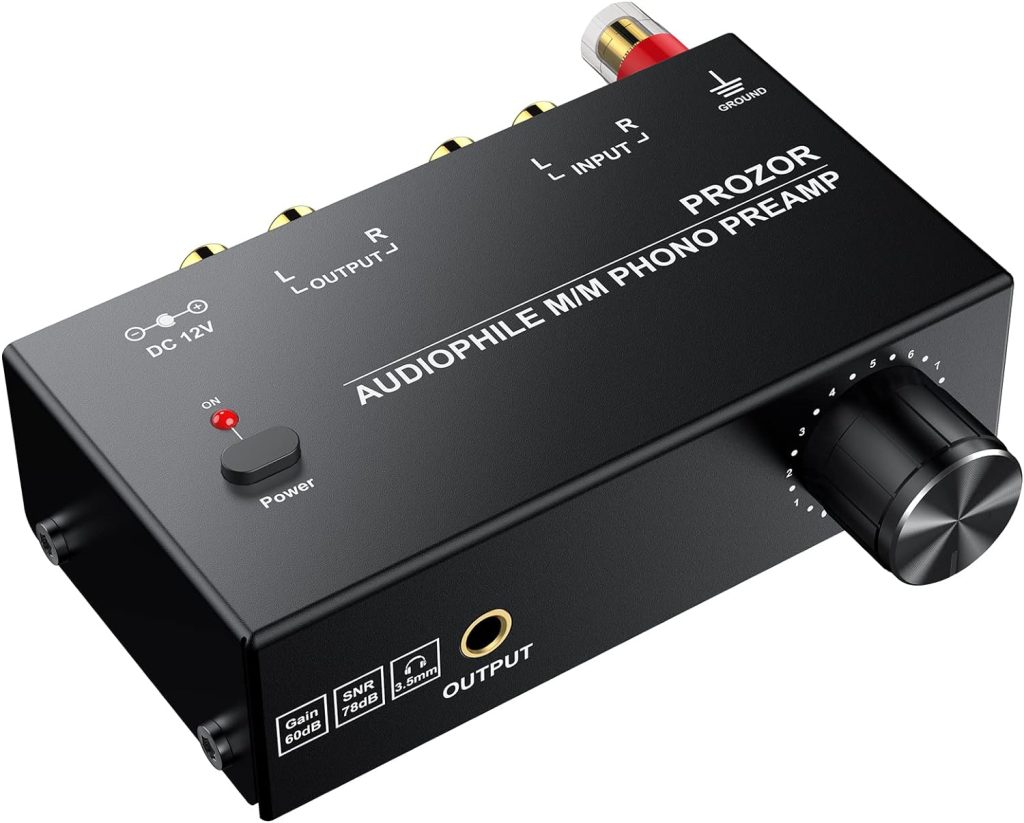 PROZOR Pre-Amplifier for Turntable Audiophile M/M Phono preamp with Level Volume Controls 2 RCA and 3.5mm interfaces Including 12V 1A Power Adapter