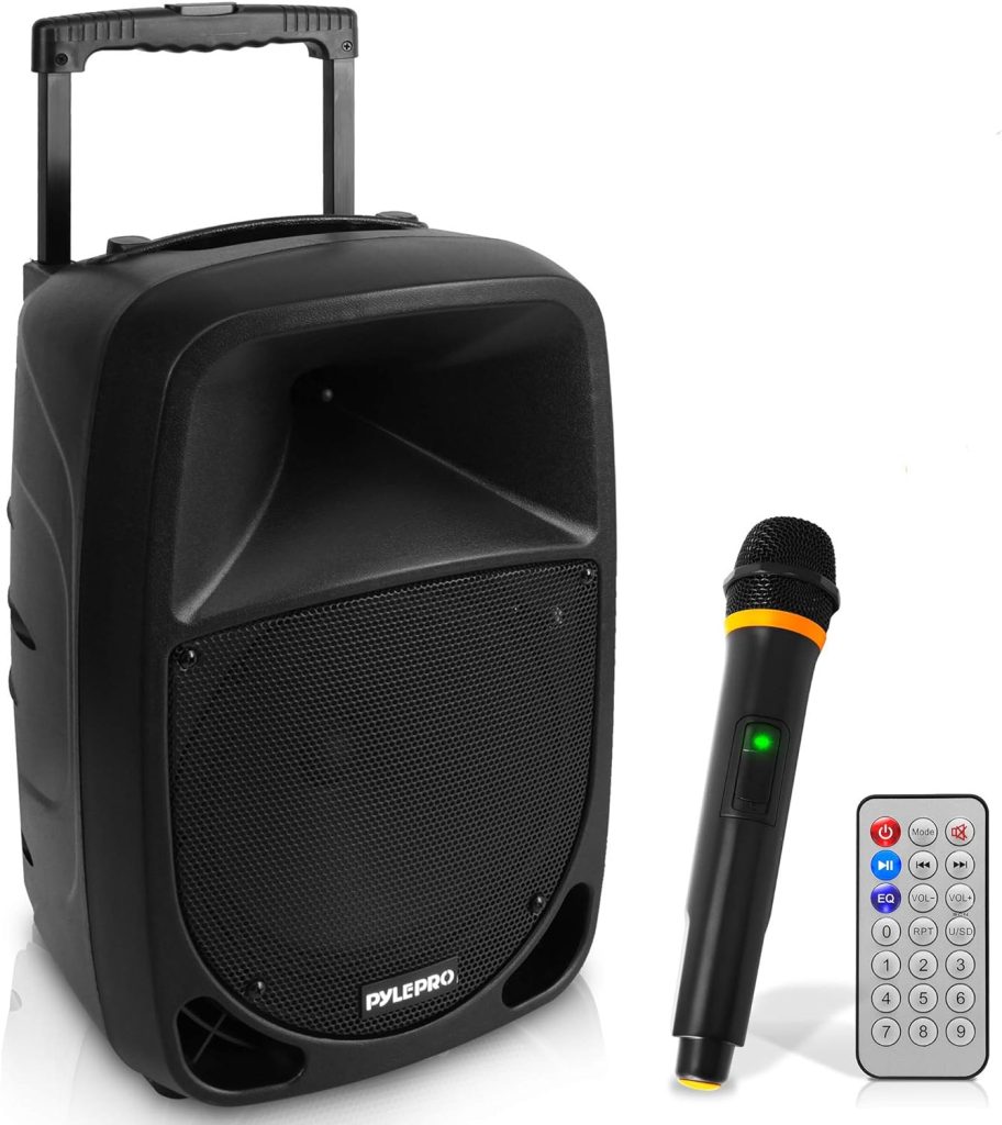 Pyle 1000W Portable Bluetooth PA Speaker - 10 Karaoke Speaker System with UHF Wireless Microphone, Remote Control  Built-in Rechargeable Battery, MP3/USB/SD, LED Battery Indicator Lights - PSBT105A