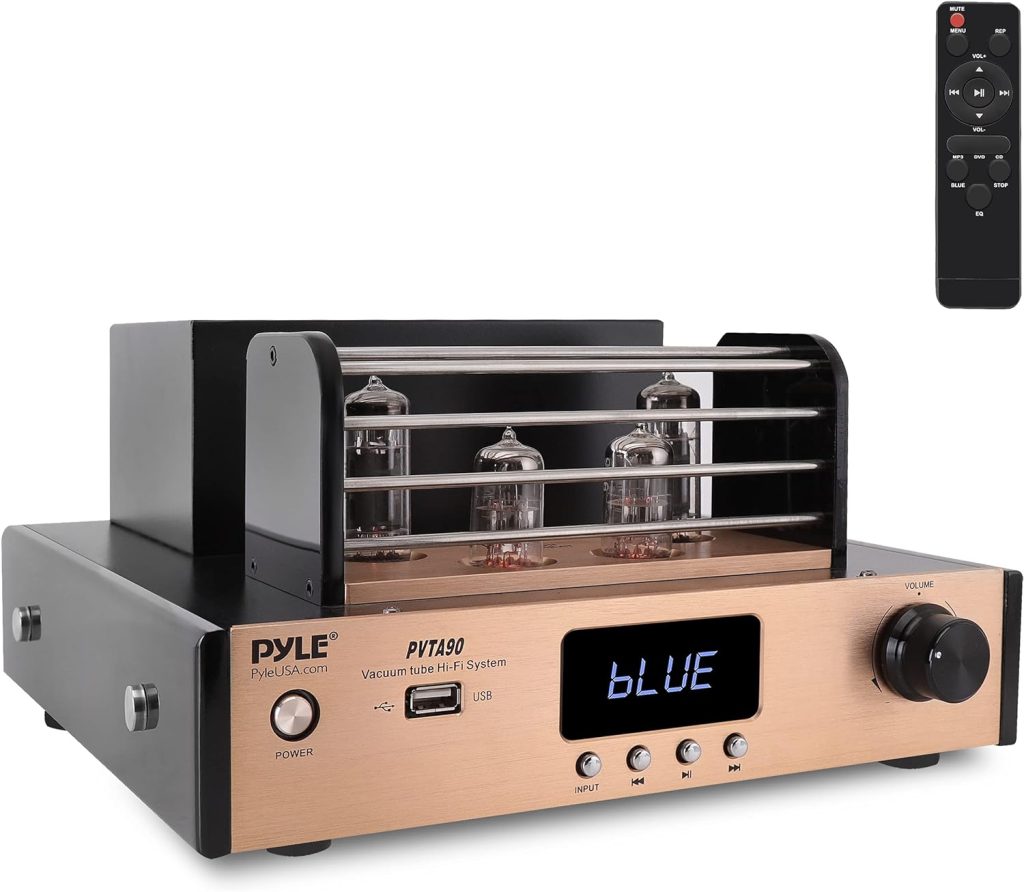 Pyle Bluetooth Tube Amplifier Stereo Receiver - 1000W Home Audio Desktop Stereo Vacuum Hi-Fi Power Amplifier Receiver w/ 4 Vacuum Tubes, USB/CD/DVD Input, Optical/Coaxial, Subwoofer Output - PVTA90