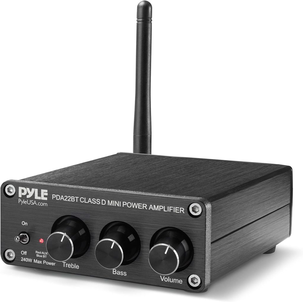 Pyle Compact Powerful Home Audio Amplifier Receiver Mini with Bluetooth 5.0 Desktop Blue Series 2 x 100 Watt for Home Speakers w/Bass Treble Control - PDA22BT