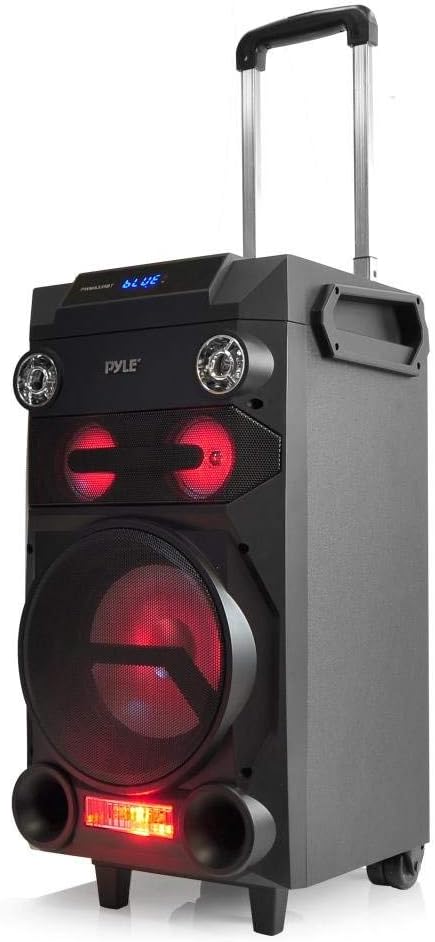 Pyle Outdoor Portable Wireless Bluetooth Karaoke PA Loud Speaker - 8 Subwoofer Sound System with DJ Lights, Rechargeable Battery, FM Radio, USB/Micro SD Reader, Microphone, Remote, Black