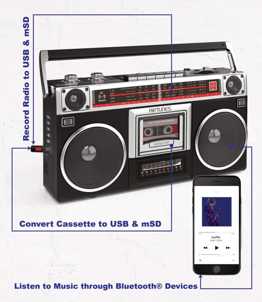 Riptunes Boombox Radio Cassette Player Recorder, AM/FM -SW1/SW2 Radio, Wireless Streaming, USB/Micro SD Slots, Aux in, Headphone Jack, Classic 80s Style Retro, Black
