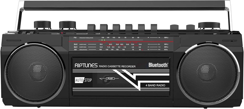 Riptunes Cassette Boombox, Retro Blueooth Boombox, Cassette Player and Recorder, AM/FM/SW-1-SW2 Radio-4-Band Radio, USB, SD, and Aux in, Black