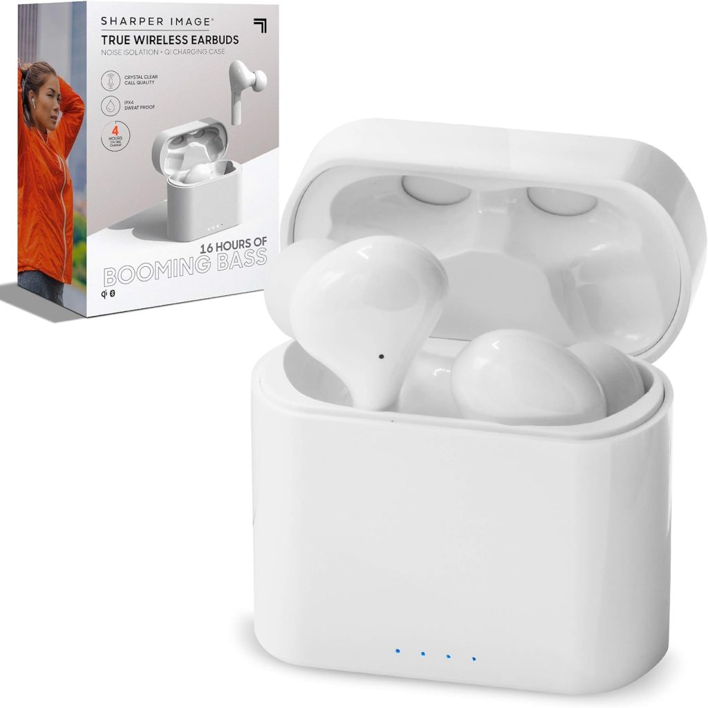 Sharper Image Soundhaven Wireless Earbuds, Bluetooth 5.0 with Qi Wireless Charging, Earphones with 4 Mics, 16 hr Playtime, Ergonomic Design, 5 Ear Tip Sizes
