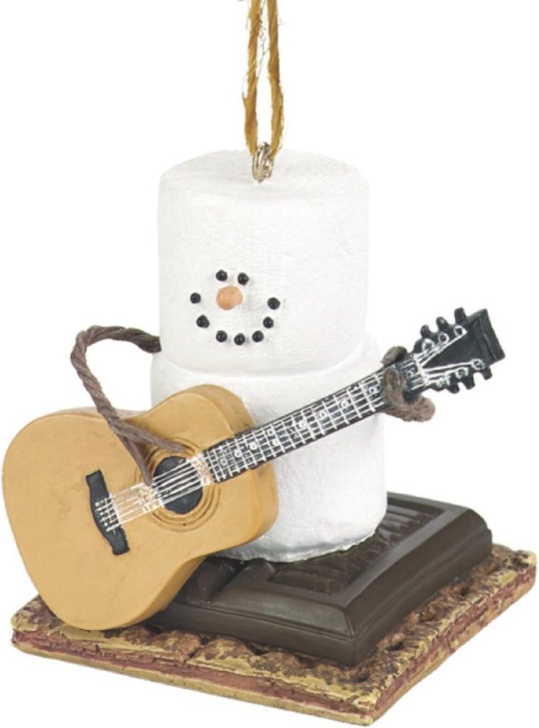 Snowman Ornament - Marshmallow Snow Man Playing Guitar On Smores Chocolate and Graham Cracker - Holiday Christmas Tree Decor
